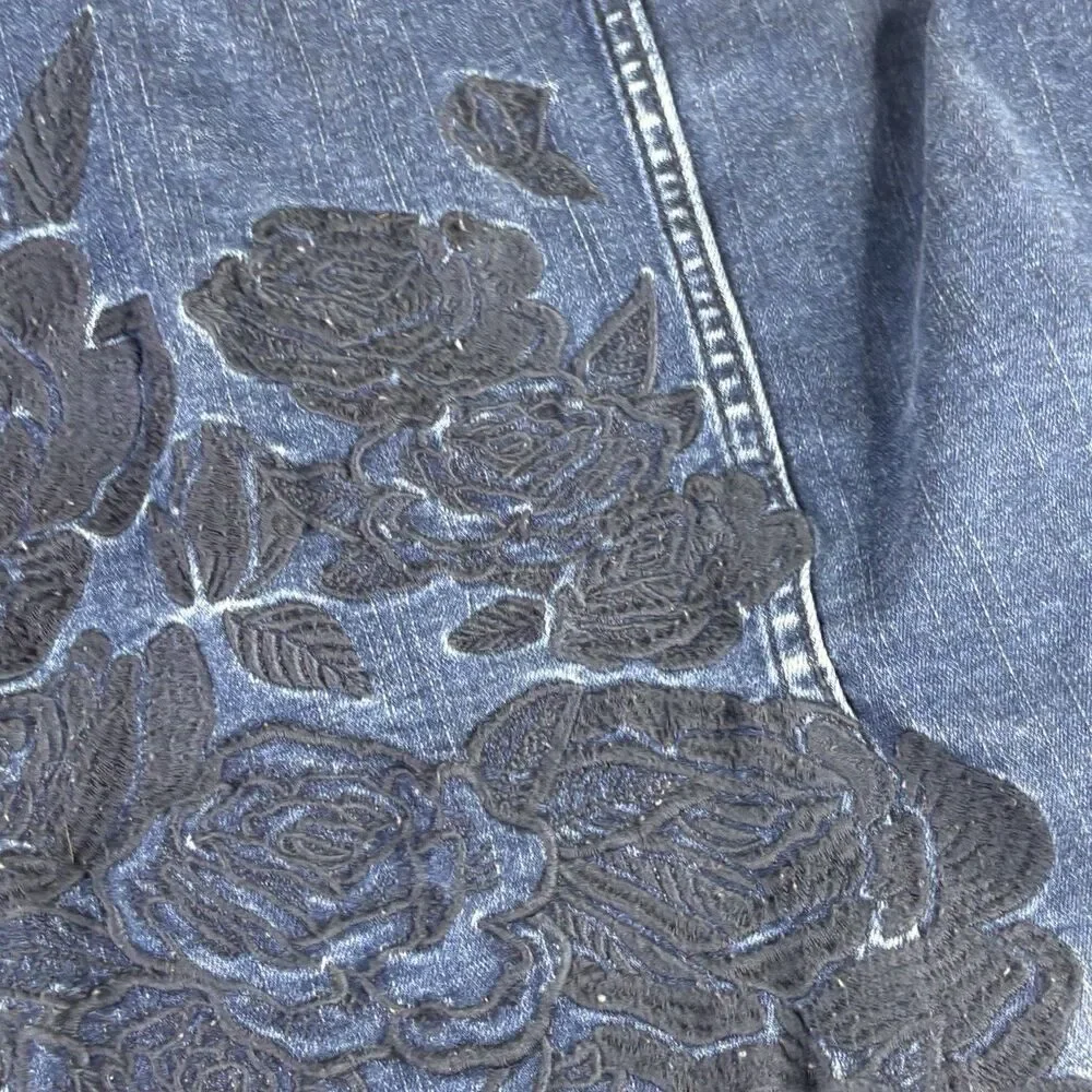 Lularoe Harvey Denim Jean Jacket Embroidered Floral Dark Wash Women Large Button